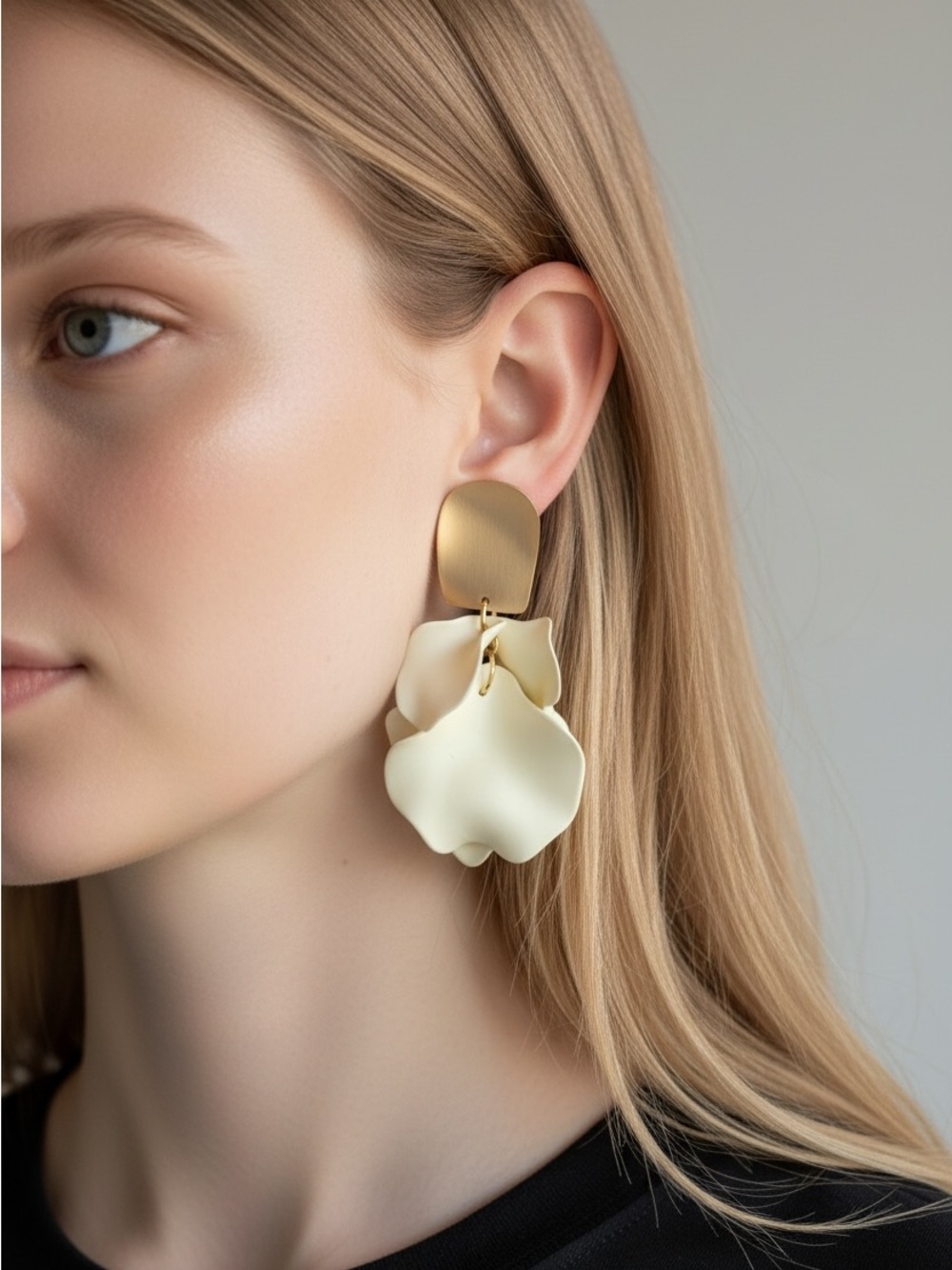 9/23 Elegant Cream Petal Drop Earrings with Gold Accents